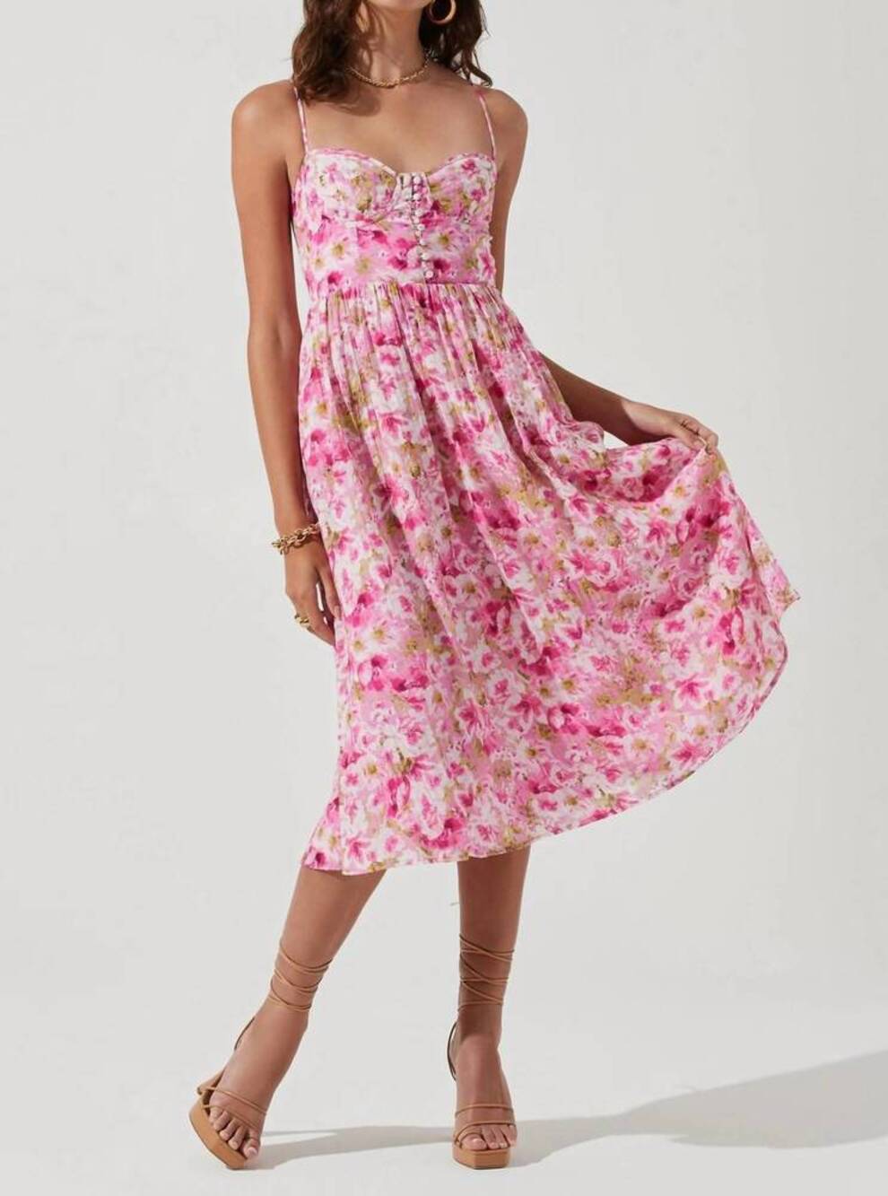 Astr the Label Ferreira Bustier Midi Dress Bright Floral Pink Women Size Small